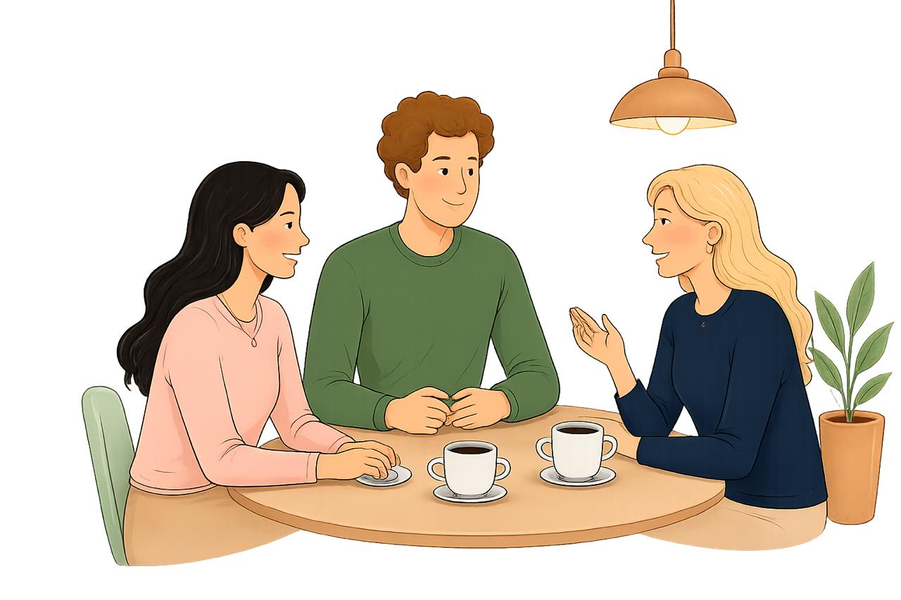 A calm professional conversation over coffee